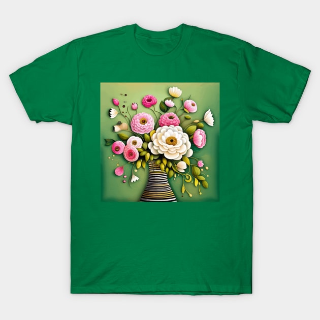 Pink and White Flowers in a Striped Vase Still Life Painting T-Shirt by bragova